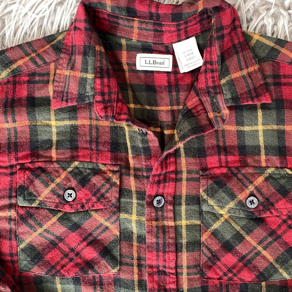 Boys Size Large 14/16 L.L. Bean Red Plaid Flannel Shirt Gently Used